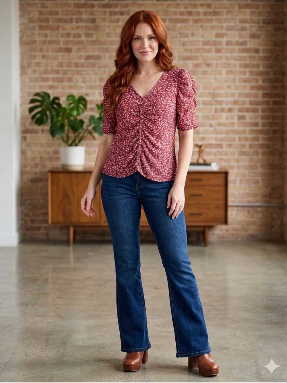 Democracy Burgundy Ruched Gauzy Top Large Puff Sleeves